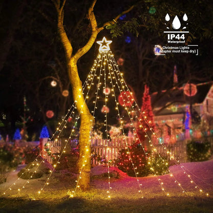 Christmas Outdoor Star Lights Waterfall Tree Lights 344 LED 10Ft 12" Topper Star for Lawn Yard Garden Holiday Xmas New Year Warm White