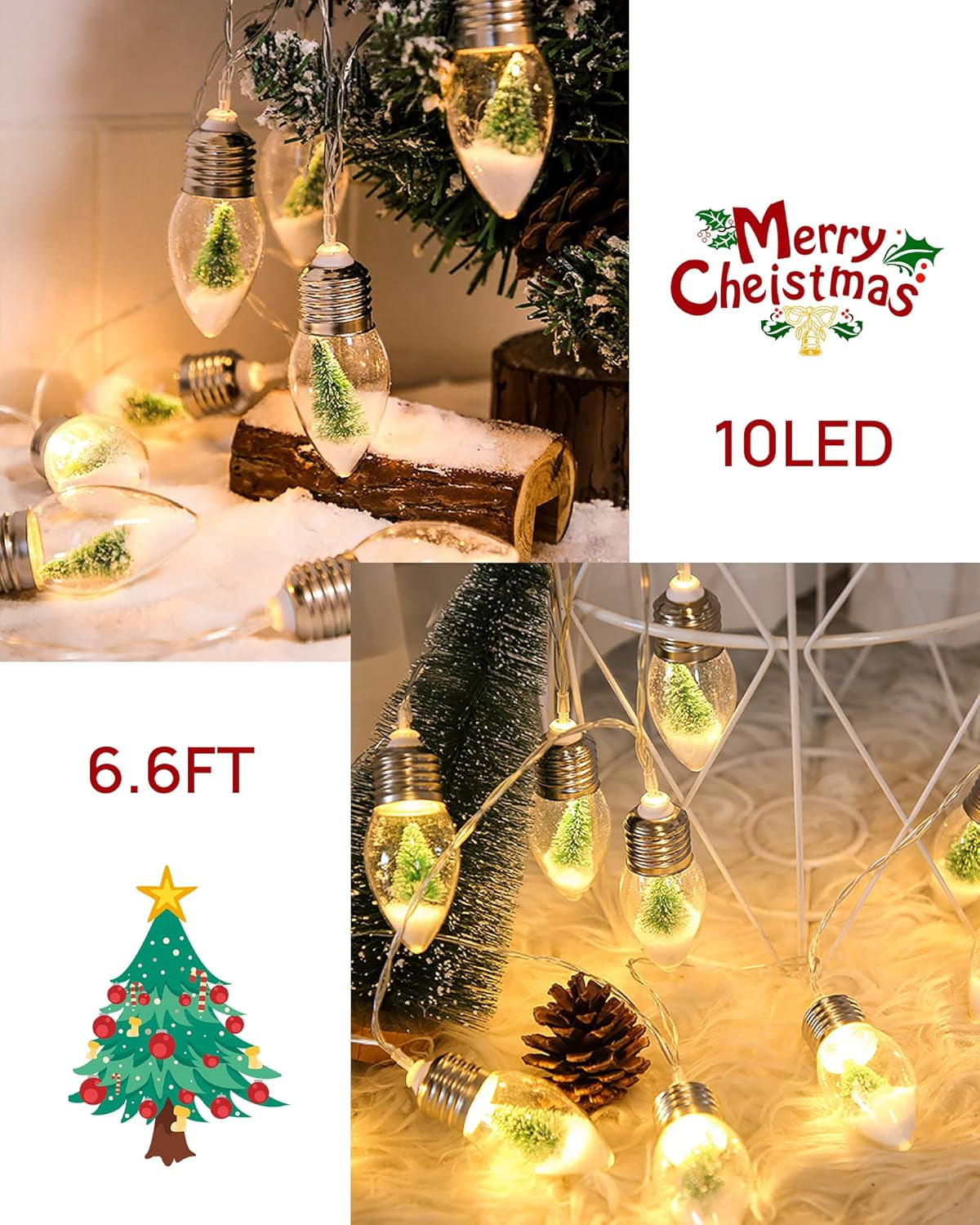 6.6 FT Christmas Lights for Bedroom Indoor Decorations, Globe Patio Lights Outdoor, Hanging Battery Operated Powered String Lights, Tree & Snow in 10 Bulbs, Home Decor, Fireplace, Xmas Lights