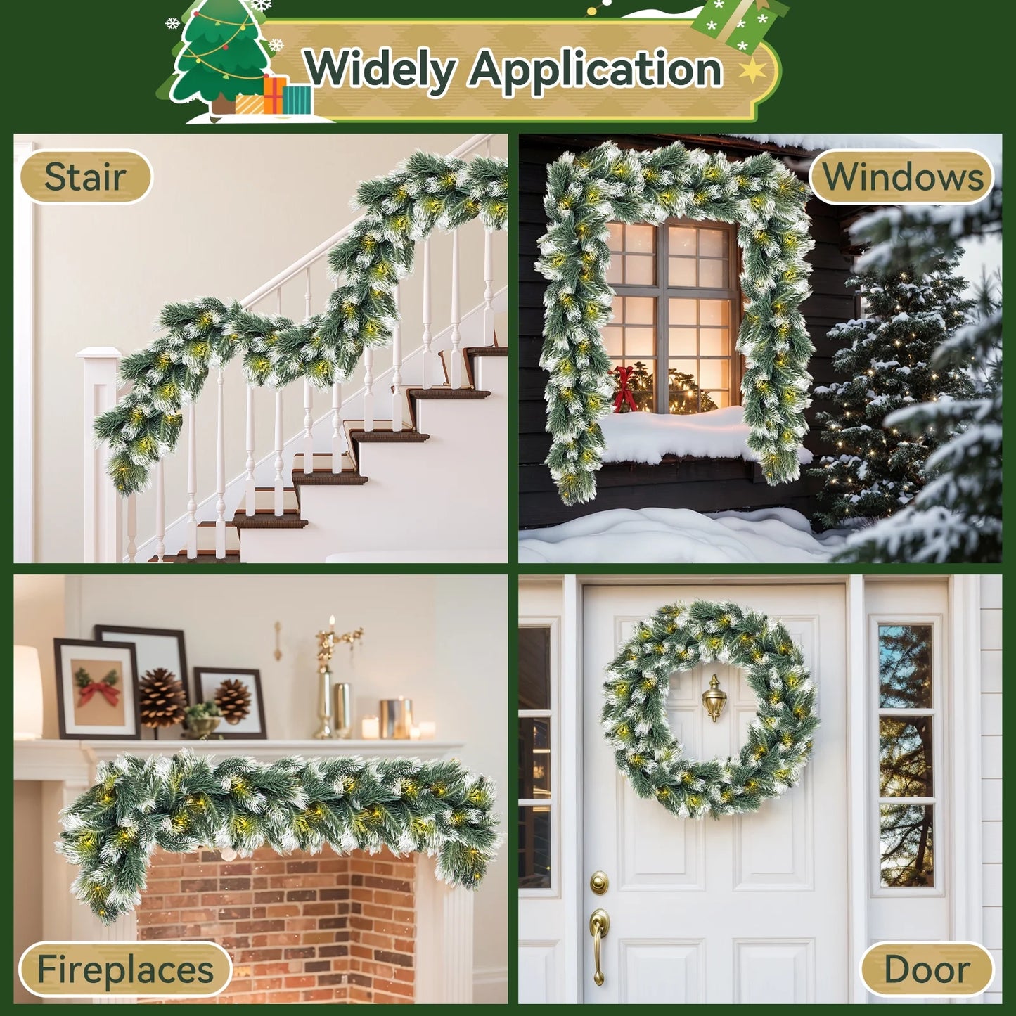 6FT Christmas Garland with Light, Seasonal Artificial Christmas Green Rattan Pine Cypress Garland Holiday Outdoor Winter Decor, 8 Modes Xmas Garland Indoor for Mantle Fireplace Stair Wreath
