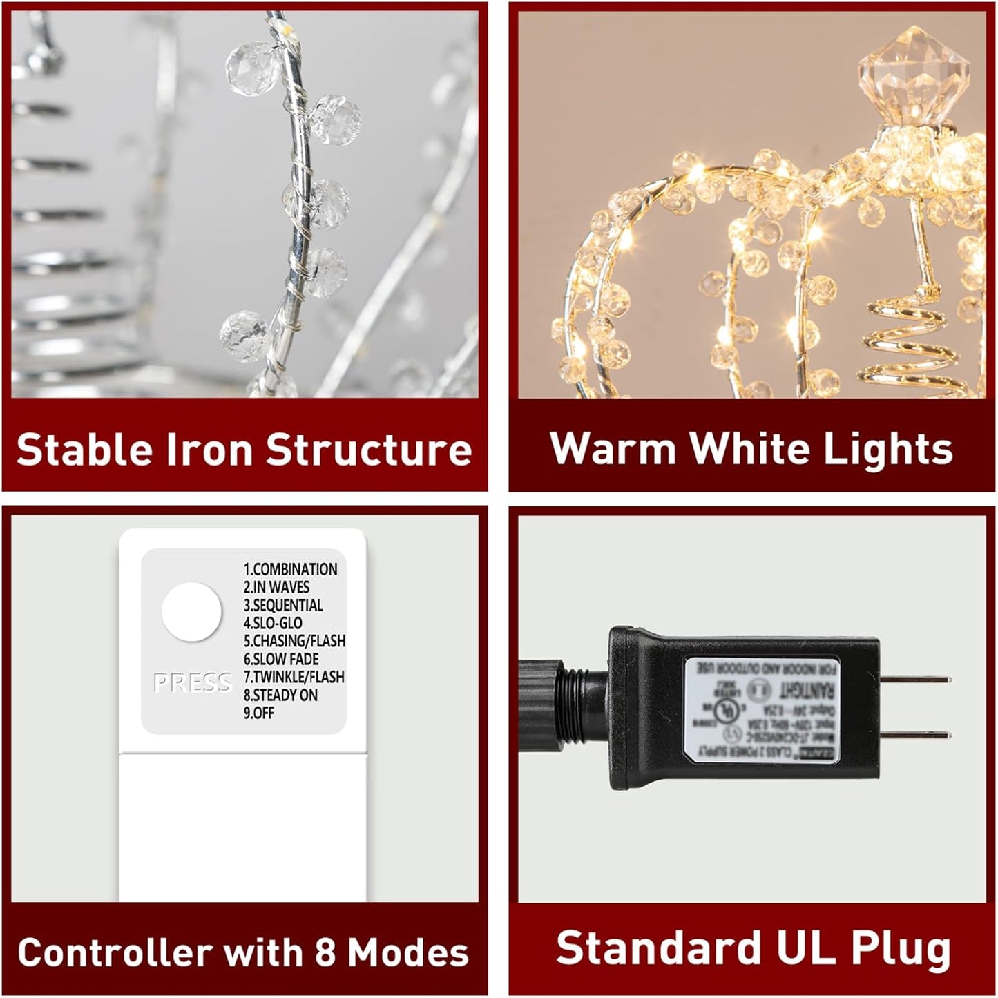 Illuminated Jeweled Crown Tree Topper with 60 Warm White Lights, Metal Design