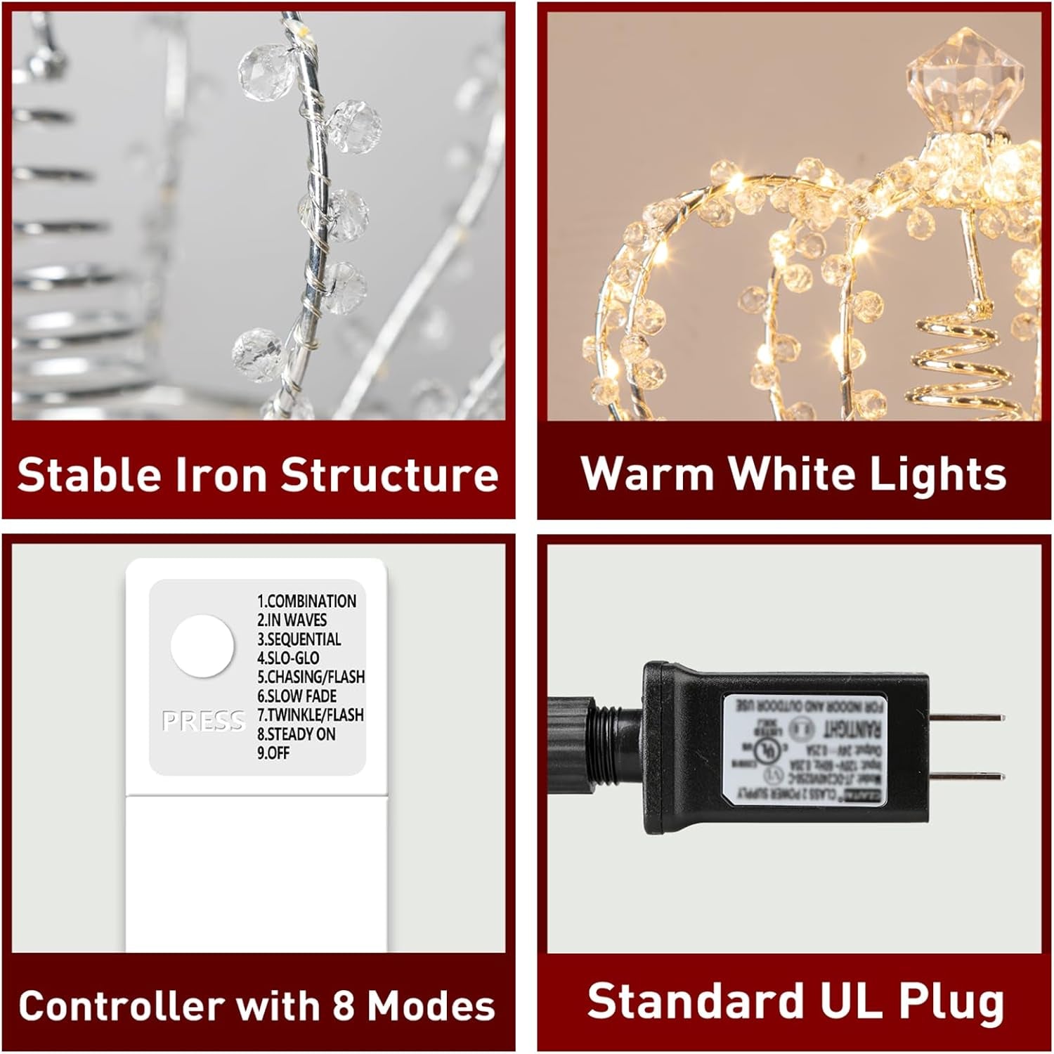 Illuminated Jeweled Crown Tree Topper with 60 Warm White Lights, Metal Design