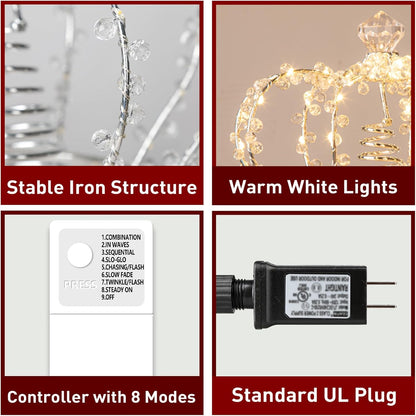 Illuminated Jeweled Crown Tree Topper with 60 Warm White Lights, Metal Design