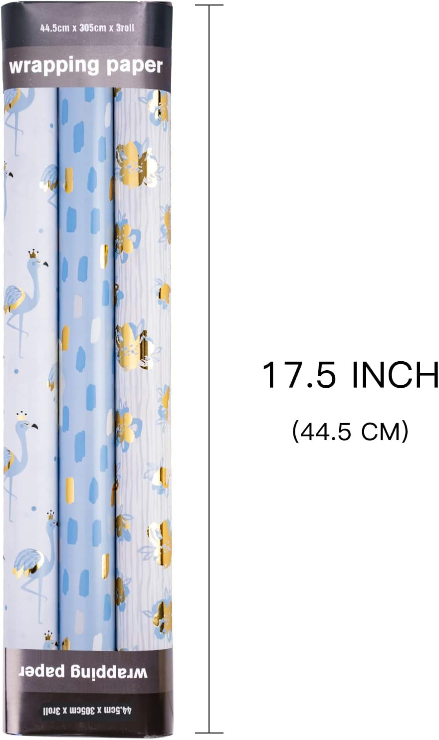 Gold Foil Wrapping Paper - Mini Roll - Flower/Flamingo/Terrazzo Print for Wedding, Bridal Shower, Birthday - 17 X 120 Inches - 3 Rolls (42.5 Sq.Ft.Ttl.)