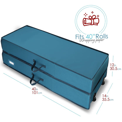 Christmas Wrapping Paper Storage with Extra Christmas Storage Bins and Ribbon Storage Organizer, Gift Wrap Organizer with Wheels - Fits up to 30 Rolls of 40", Blue
