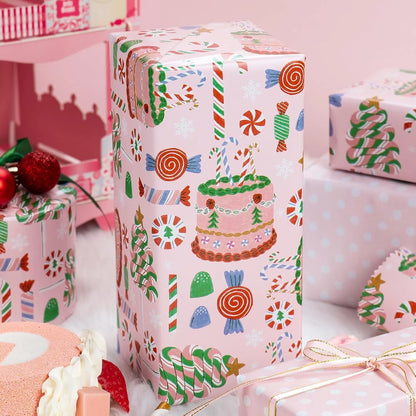 Girls Pink Wrapping Paper Roll, Pastel Cute Birthday Wrapping Paper W/Cakes, Reversible Modern Holiday Gift Wrap with Tree Present Candy Cane for Christmas, Party, Decorative Craft Supply