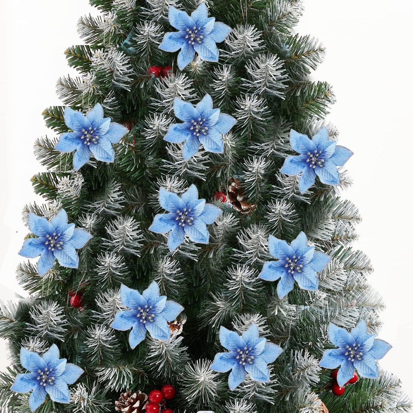 Christmas Poinsettia Flowers Decorations, Glitter Poinsettia Christmas Tree Ornaments, Artificial Flower Home Decorations for Christmas/Wedding/Holiday Party, Pack of 24, Blue