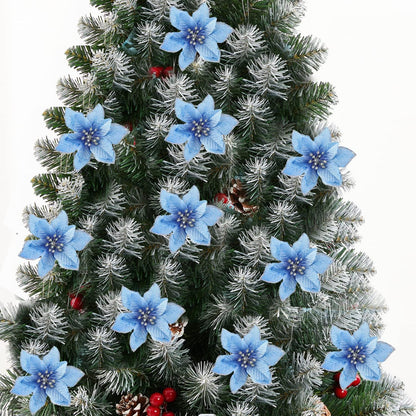 Christmas Poinsettia Flowers Decorations, Glitter Poinsettia Christmas Tree Ornaments, Artificial Flower Home Decorations for Christmas/Wedding/Holiday Party, Pack of 24, Blue