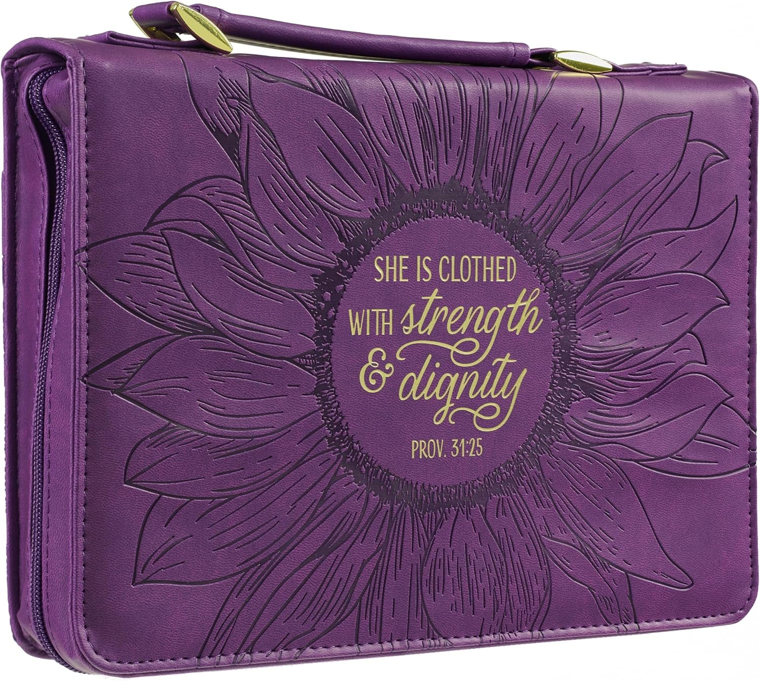 Women'S Fashion Bible Cover Strength and Dignity Proverbs 31:25, Purple/Gold Sunflower Faux Leather, Medium