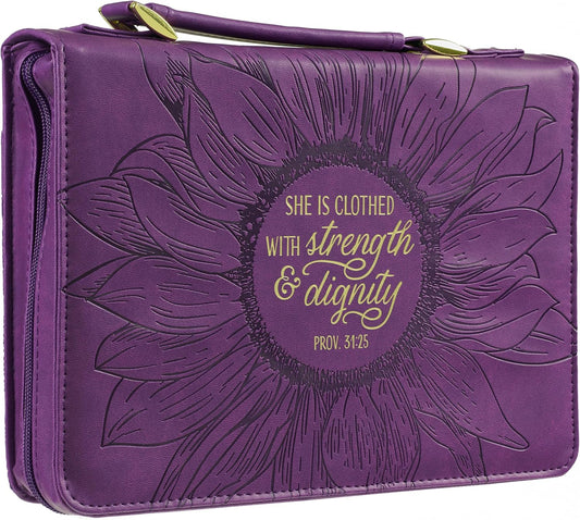 Women'S Fashion Bible Cover Strength and Dignity Proverbs 31:25, Purple/Gold Sunflower Faux Leather, Medium