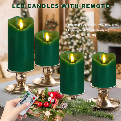 Flameless Candles Lights, Set of 3 Green Flickering LED Candles with Remote & Timer, Dimmable LED Pillar Candles Battery Operated, Electric Candles for Halloween Thanksgiving Christmas Decor