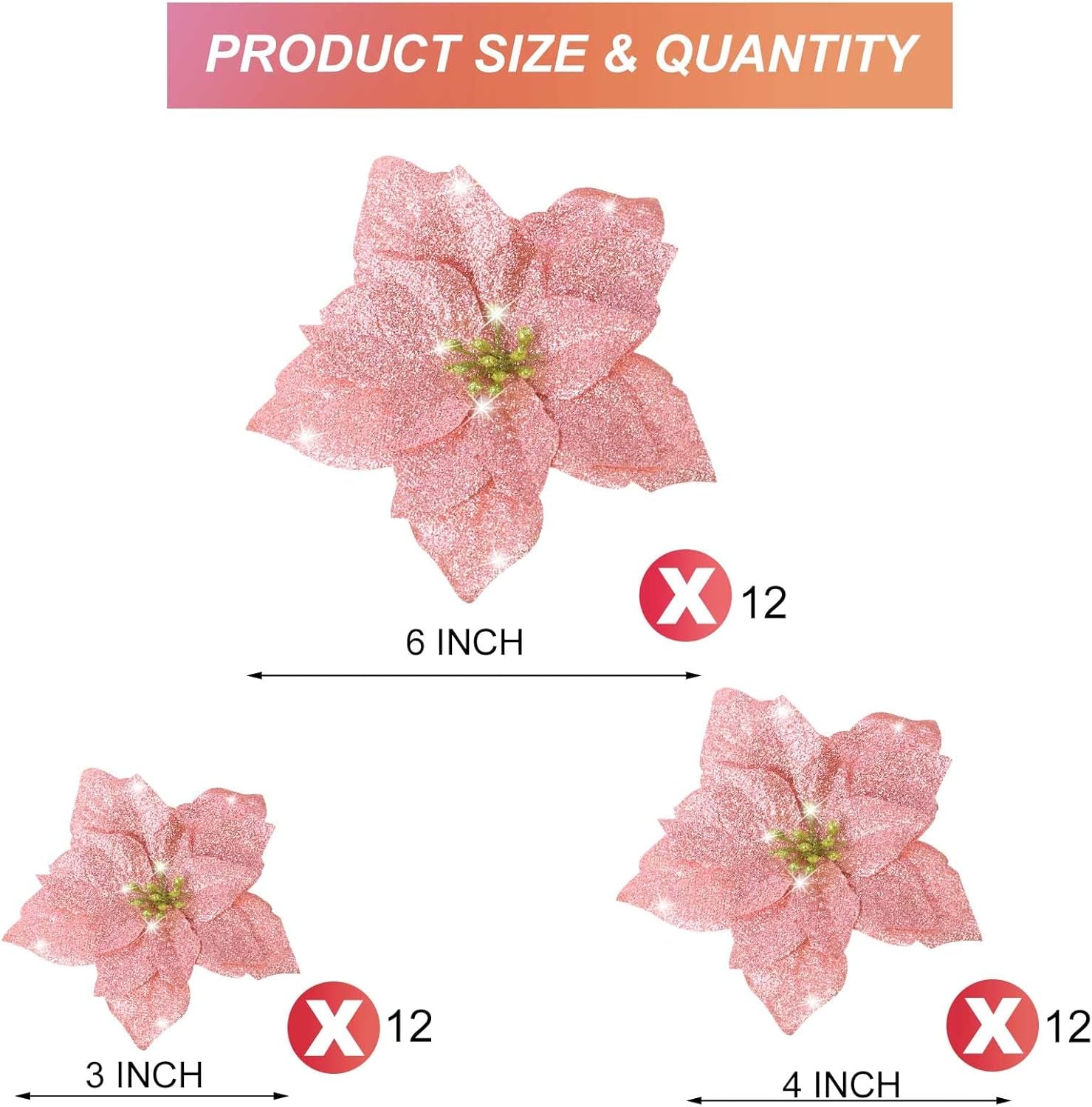 36 Pieces Christmas Glitter Poinsettia 3/4/6 Inch Faux Flowers Christmas Flowers Decorations Wedding Xmas Tree New Year Ornaments(Rose Gold)