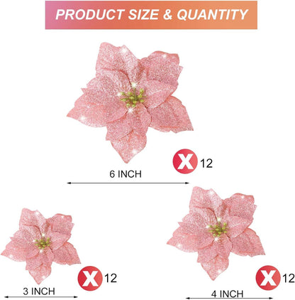 36 Pieces Christmas Glitter Poinsettia 3/4/6 Inch Faux Flowers Christmas Flowers Decorations Wedding Xmas Tree New Year Ornaments(Rose Gold)