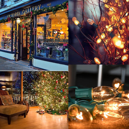C9 Clear Christmas Lights 25Ft Outdoor Christmas String Lights with 26 Clear Light Bulbs for Outdoor Patio, Cafe, Party Decor- Green Wire