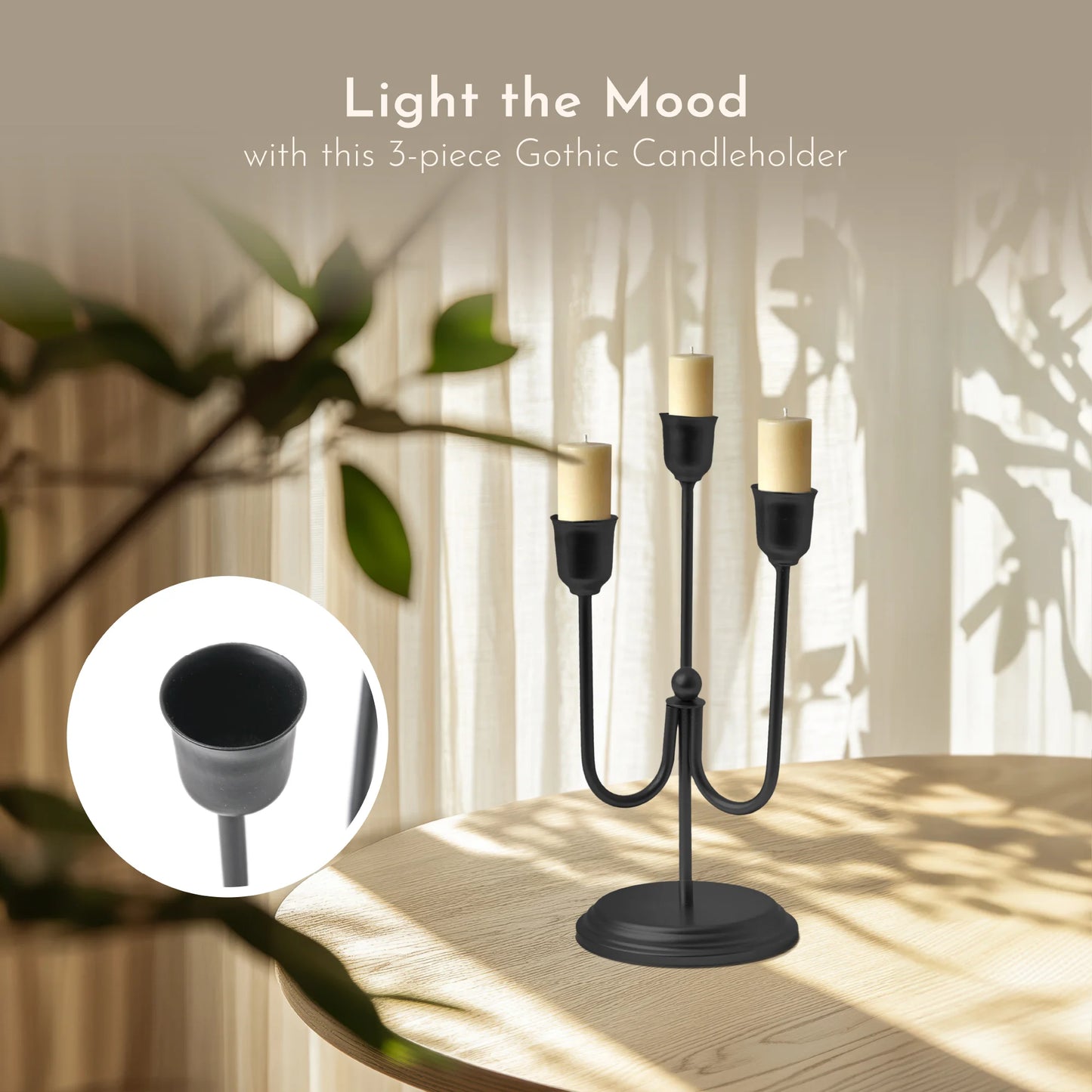 3-Arm Black Metal Taper Candle Holder – Elegant Gothic Decor for Halloween, Mantel, Kitchen Table, Wedding, or Party, 9"