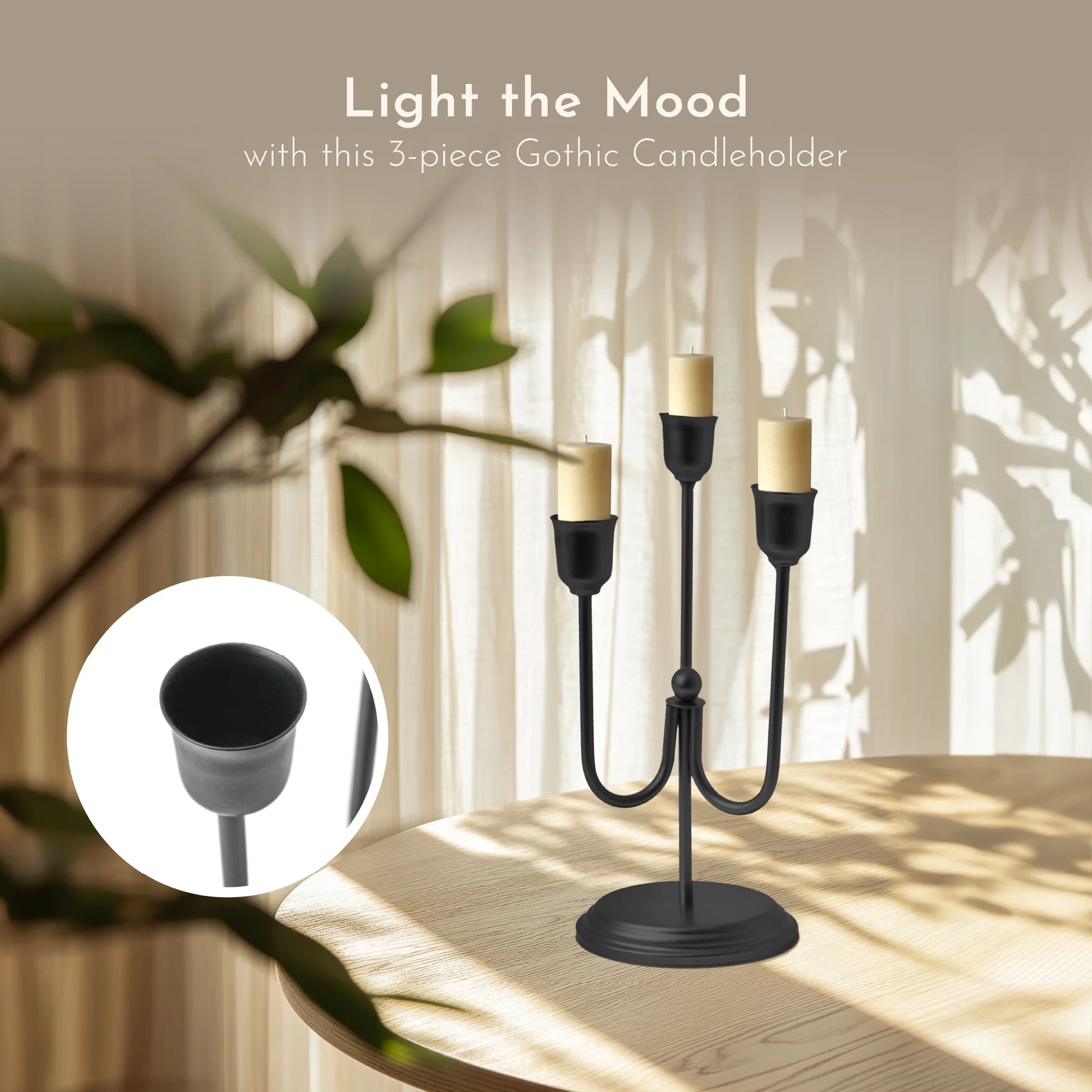 3-Arm Black Metal Taper Candle Holder – Elegant Gothic Decor for Halloween, Mantel, Kitchen Table, Wedding, or Party, 9"