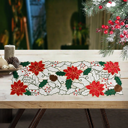 Christmas Table Runner Decorations Red Poinsettia Embroidered 36 Inches Long Flower Table Decor Applique Cutwork Holiday Festive Short Table Decorations, 13X36 Inch