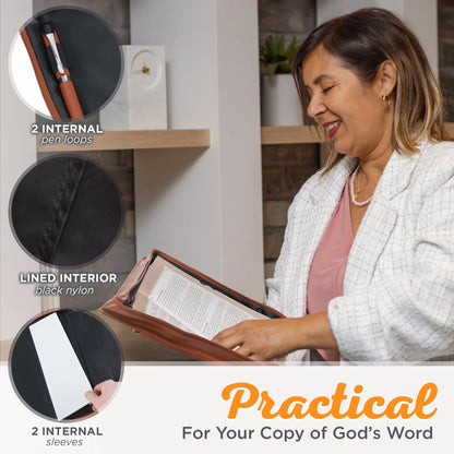 Classic Vegan Leather Bible Cover for Men & Women: Trust in the Lord Inspirational Bible Verse, Sturdy Easy Carry Book Case, Pen Loops, Pockets, Accessory Storage, Brown, XL