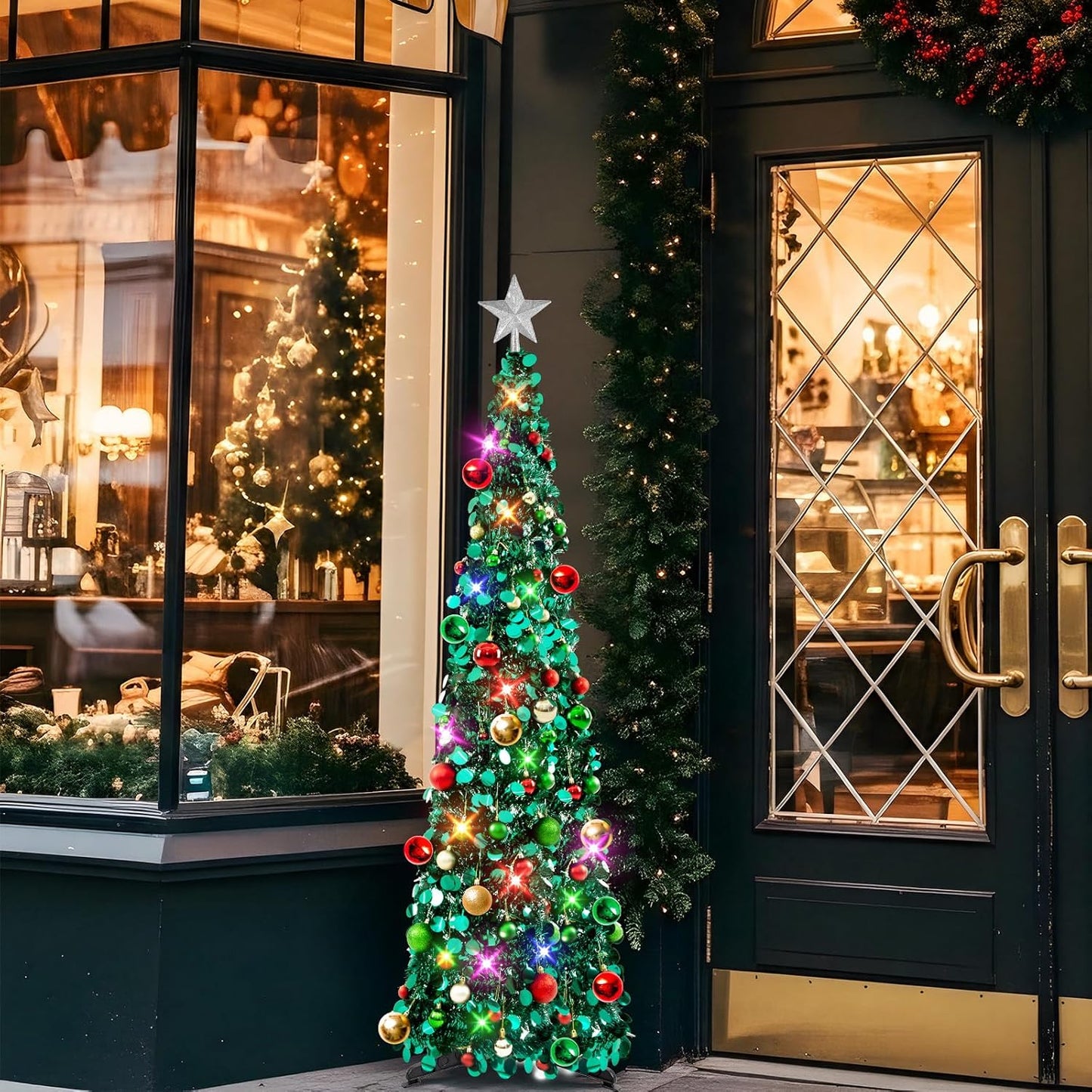 Pop up Christmas Tree with Lights, Collapsible Tinsel Xmas Tree Decorations, Pencil Christmas Tree Skinny Tree for Holiday Xmas Home Office Decor, 30 Balls, 5Ft, Peacock Blue