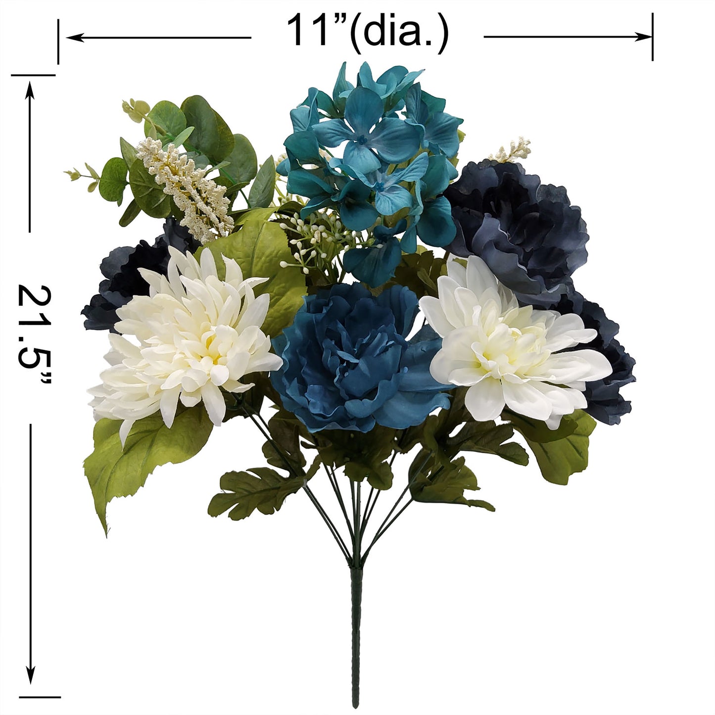 21.5 Inch Artificial Flower Hydrangea Peony Bouquet, Navy Cream Color. Indoor Use.