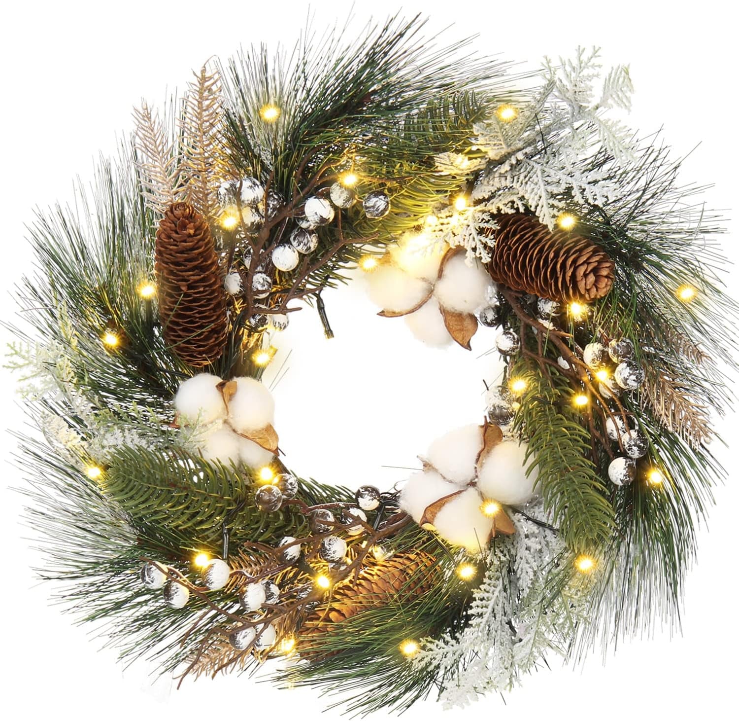 Christmas Wreath 20" Christmas Front Door Wreath Ornament with LED Lights Pinecone Berries Artificial Pine Garland for Party Table Fireplaces Porch Walls New Years Halloween Home Décor