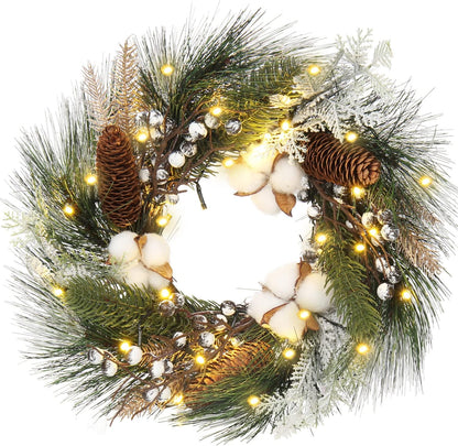 Christmas Wreath 20" Christmas Front Door Wreath Ornament with LED Lights Pinecone Berries Artificial Pine Garland for Party Table Fireplaces Porch Walls New Years Halloween Home Décor