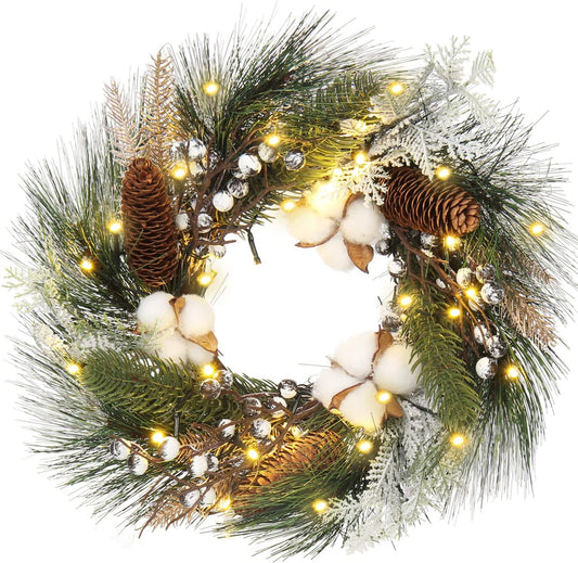 Christmas Wreath 20" Christmas Front Door Wreath Ornament with LED Lights Pinecone Berries Artificial Pine Garland for Party Table Fireplaces Porch Walls New Years Halloween Home Décor