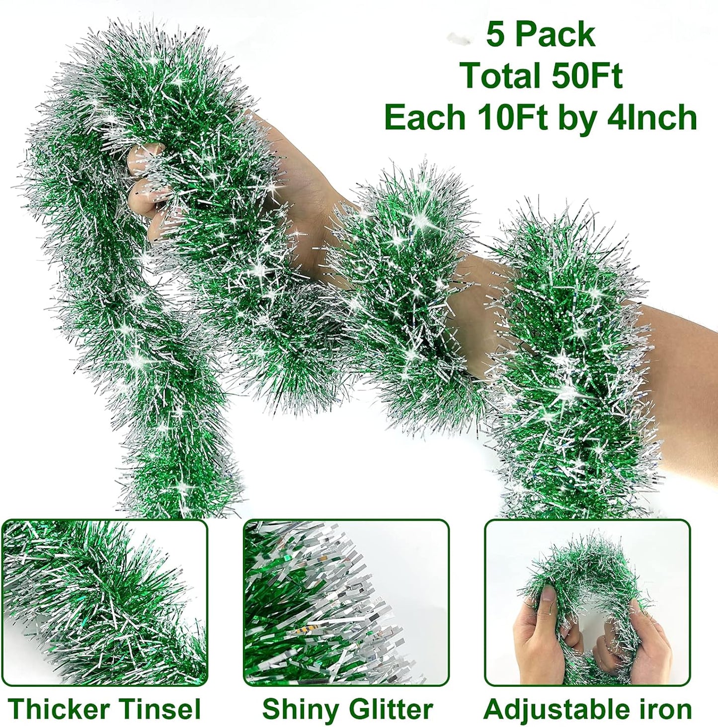 5 String Total 50 Ft Green Christmas Tinsel Garland Xmas Tree Decorations Christmas Metallic Twist Garland Hanging Decorations Indoor Outdoor Christmas Party Supplies, Each 10 Ft by 4 Inch