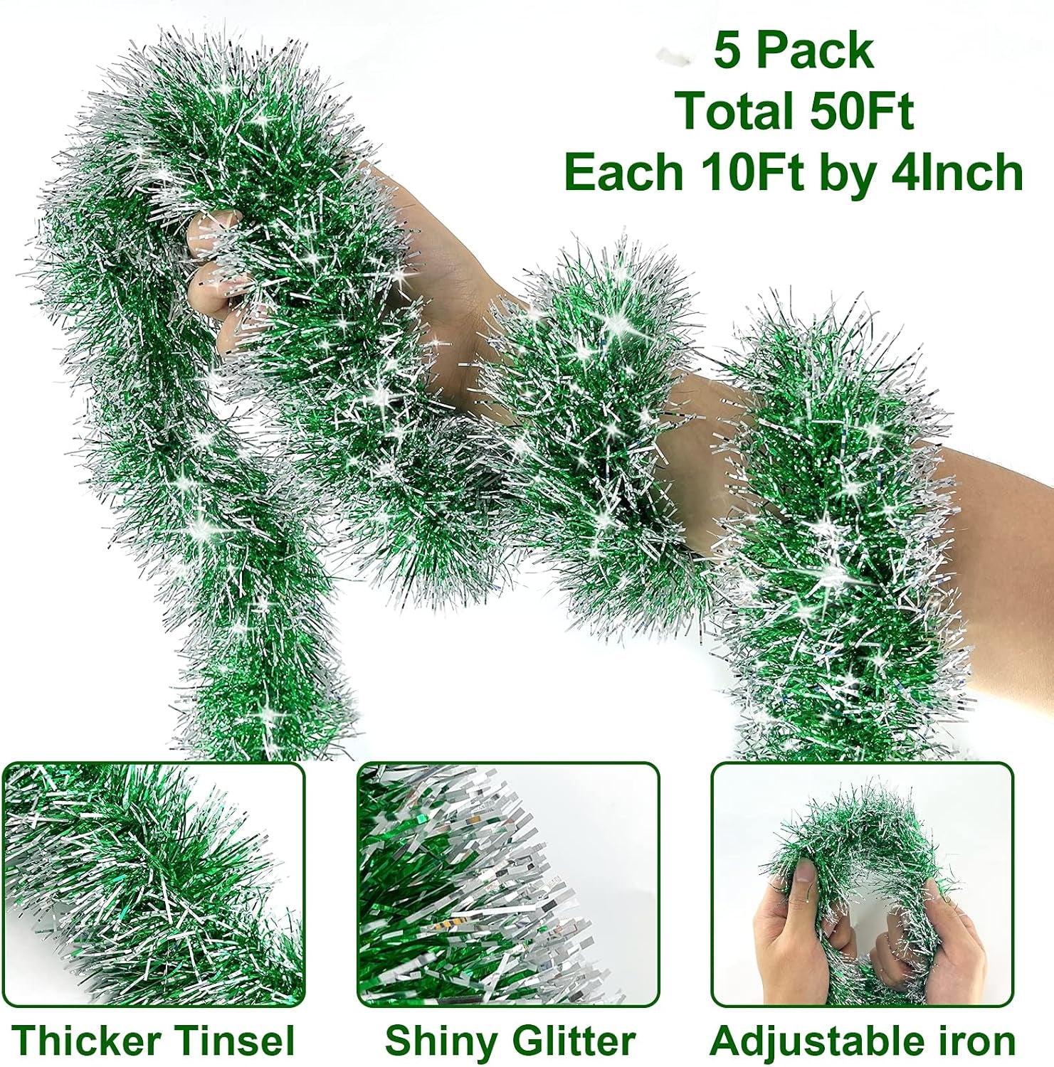 5 String Total 50 Ft Green Christmas Tinsel Garland Xmas Tree Decorations Christmas Metallic Twist Garland Hanging Decorations Indoor Outdoor Christmas Party Supplies, Each 10 Ft by 4 Inch