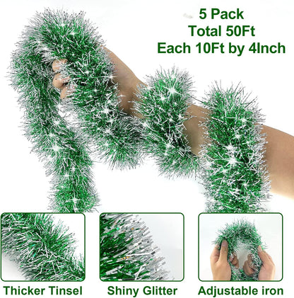 5 String Total 50 Ft Green Christmas Tinsel Garland Xmas Tree Decorations Christmas Metallic Twist Garland Hanging Decorations Indoor Outdoor Christmas Party Supplies, Each 10 Ft by 4 Inch