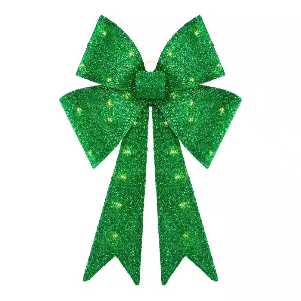 24 In. Yuletide Lane LED Green Tinsel Bow Holiday Yard Decoration