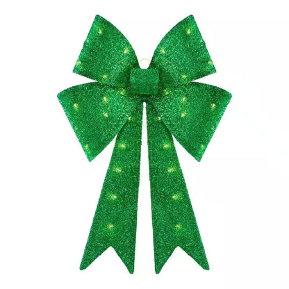24 In. Yuletide Lane LED Green Tinsel Bow Holiday Yard Decoration