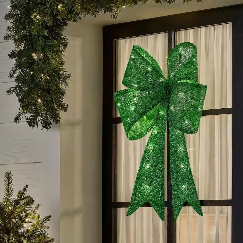 24 In. Yuletide Lane LED Green Tinsel Bow Holiday Yard Decoration