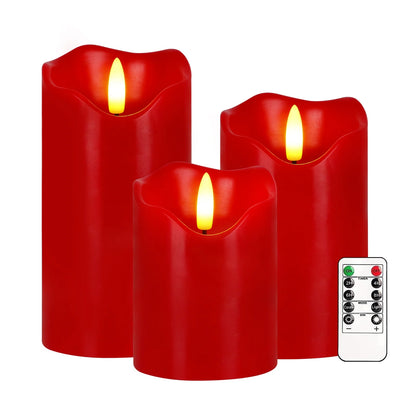 Flameless Candles Lights, Set of 3 Red Flickering LED Candles with Remote & Timer, Dimmable LED Pillar Candles Battery Operated, Electric Candles for Home Thanksgiving Christmas Decor