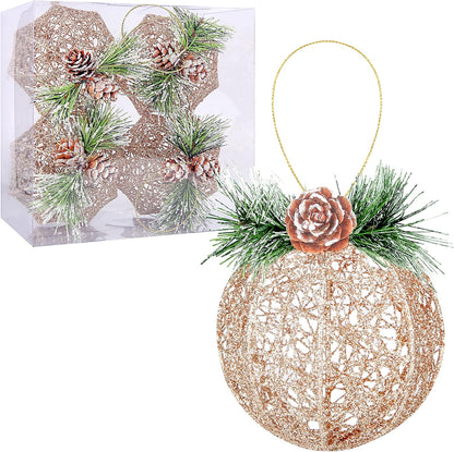 Christmas Ball Ornaments, 4Pc Set Champagne Pinecone Rattan Thread String Christmas Tree Ornament Xmas Trees Wedding Party Decorations