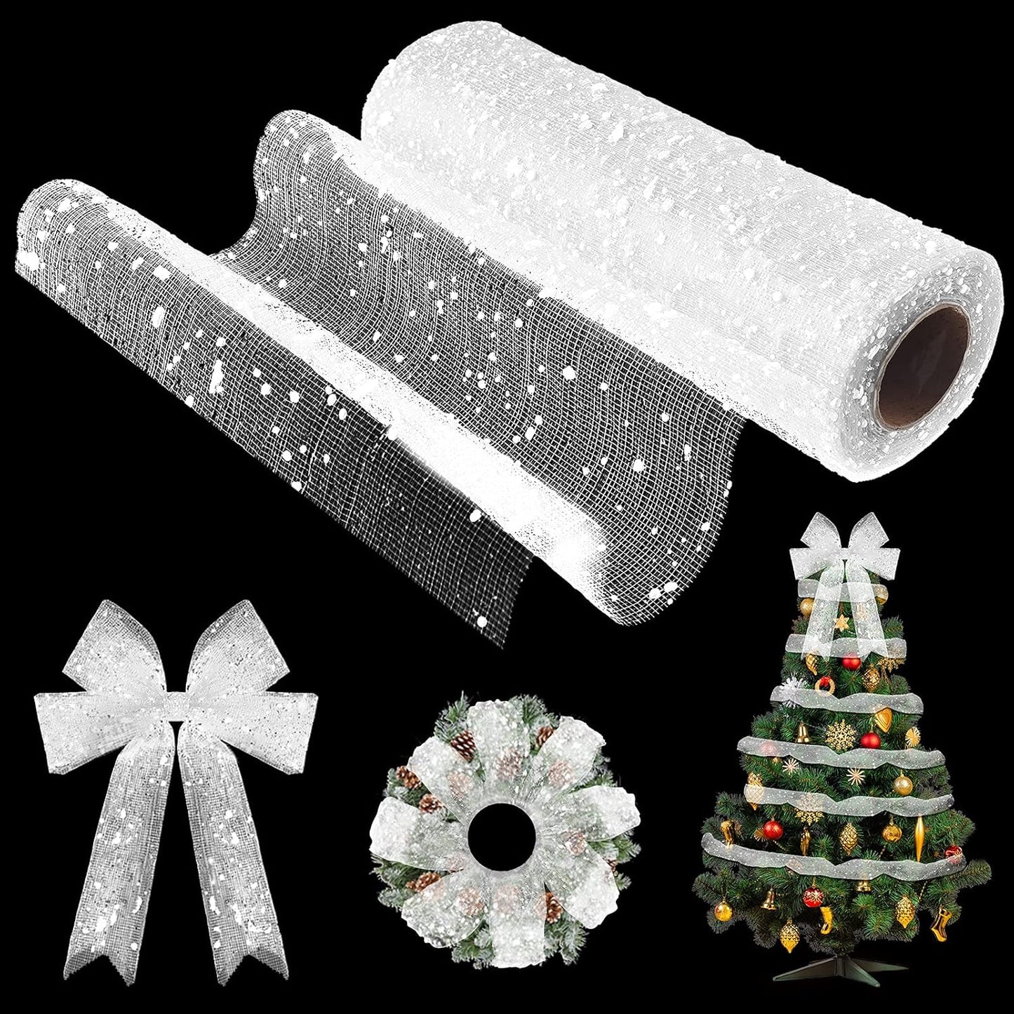 10 Inch X 30 Feet Christmas Snow Poly Mesh Ribbon Decorated Snowball Mesh Ribbon for Christmas Graduation Party Decoration (White)