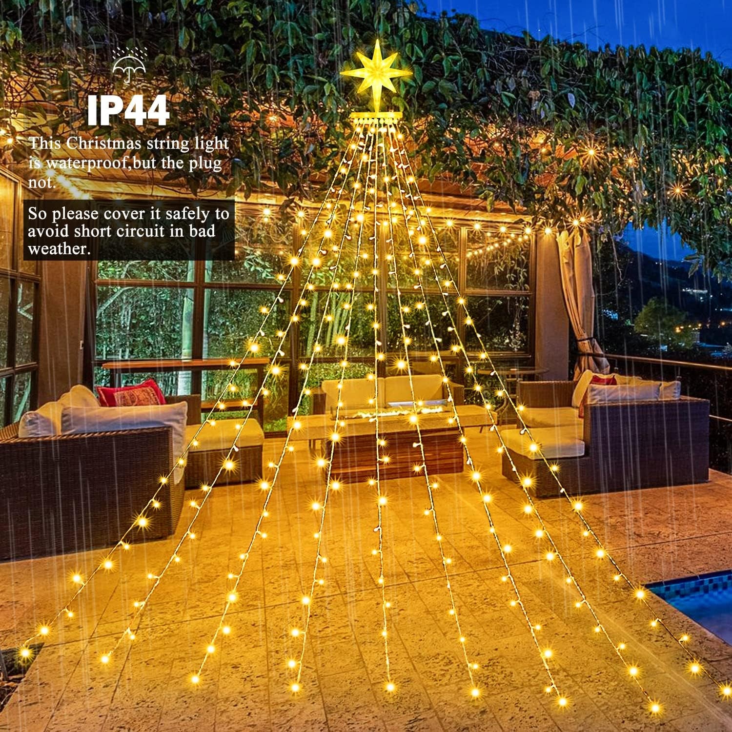 Christmas Lights, Christmas Decorations, 320 LED Outdoor Christmas Lights [8 Modes & Waterproof], with 11" Lighted Tree Topper for Halloween Xmas New Year Holiday Birthday (Warm White)