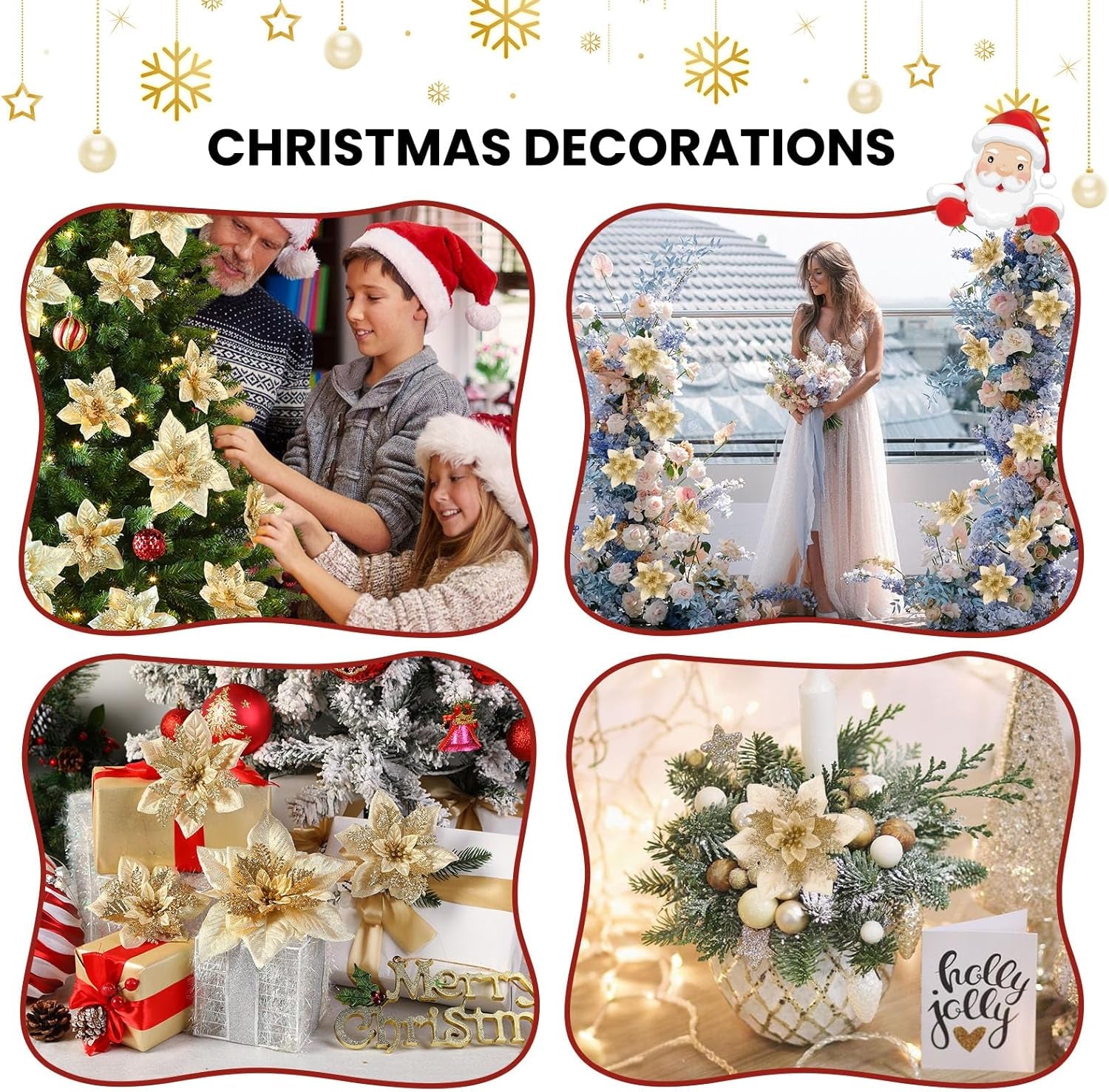 Artificial Poinsettia Christmas Flowers with Clips, Gold, 24 Pcs, Large Size