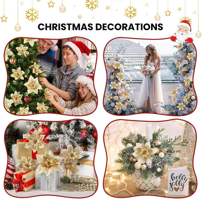 Artificial Poinsettia Christmas Flowers with Clips, Gold, 24 Pcs, Large Size