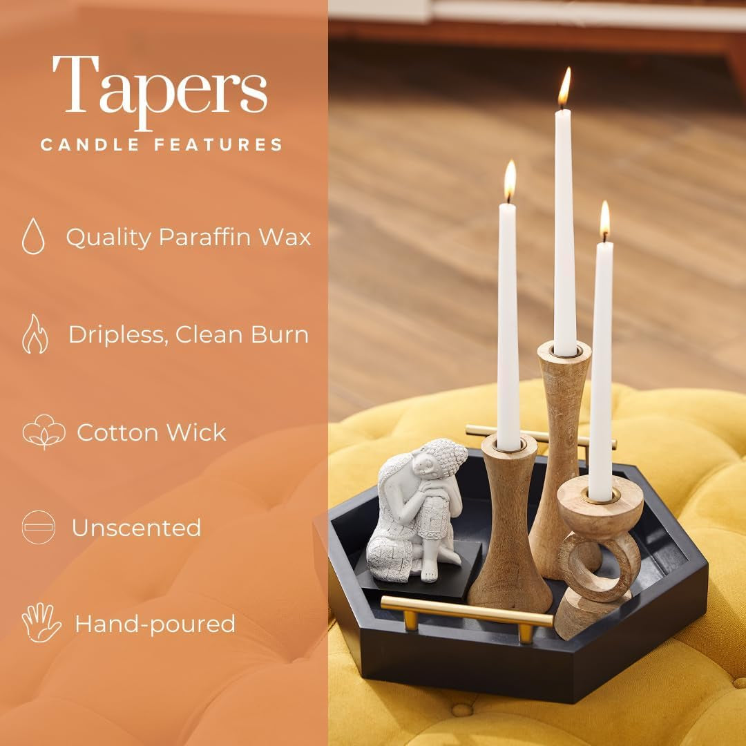 10 Inch White Taper Candle Sticks - Set of 30 Tall Candles, Dripless, Bulk