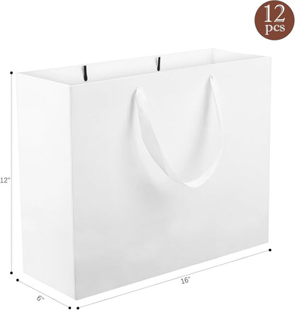 Extra Large Kraft Paper Gift Bags - 12 Pcs, White, 16X6X12 Inches, Ribbon Handles, Party, Wedding and Shopping Bags