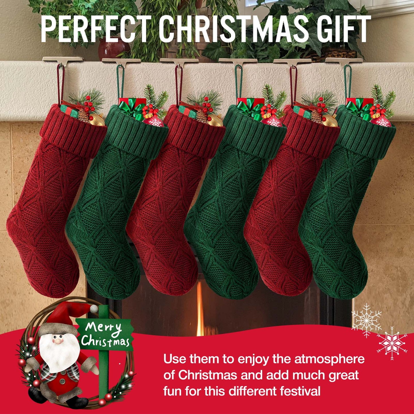 6Pcs Christmas Stockings Knitted Xmas Stockings Double-Sided 18 Inches Fireplace Stockings for Family Christmas Decoration (Burgundy,Green)