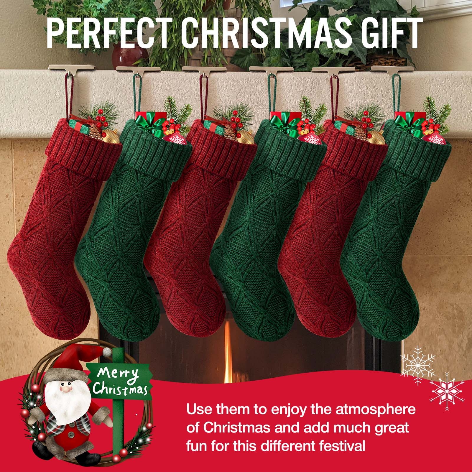 6Pcs Christmas Stockings Knitted Xmas Stockings Double-Sided 18 Inches Fireplace Stockings for Family Christmas Decoration (Burgundy,Green)