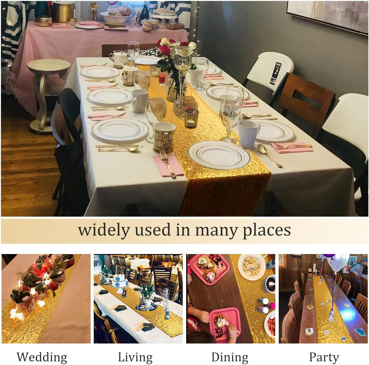 Gold Sequin Table Runners, 2 Pack Glitter 12''X108'' Table Cloth for Graduation Decorations/Birthday/Wedding/Bridal Baby Shower/Christmas Gold Party Decorations