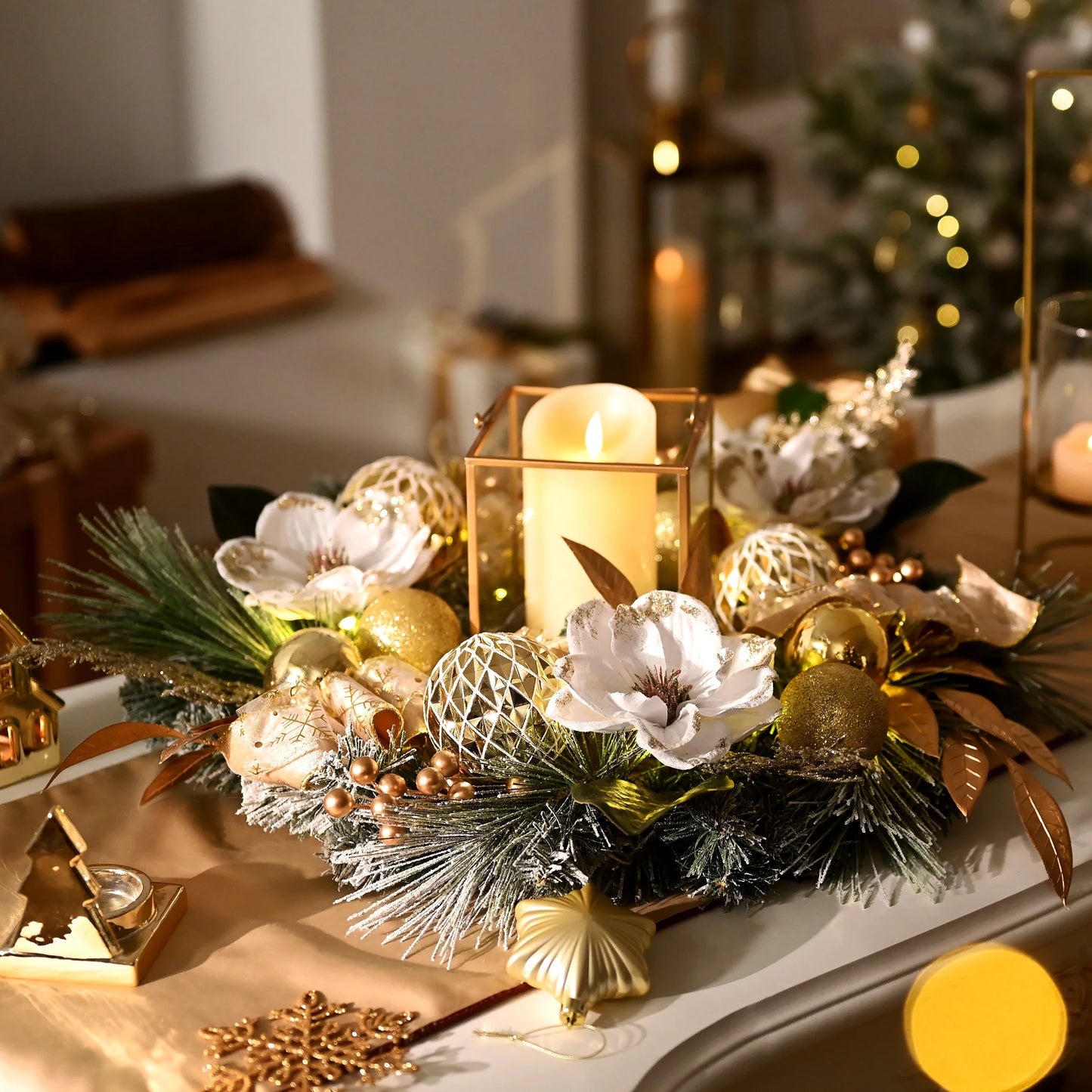 24 Inches Pre-Lit Christmas Wreath White Gold Lighted Wreath with Bow & Flower & Ornaments Perfect Xmas Holiday Gift for Front Door Mantel Table Top Decoration