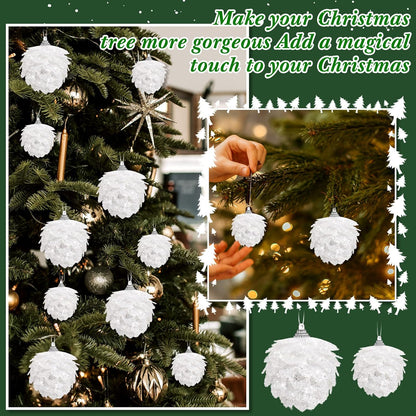 8 Pcs Christmas Ball Ornaments Artificial Pinecone Hanging Ornaments Glitter Faux Christmas Flower for Xmas Decor, 3.15/2.36 Inch(White)