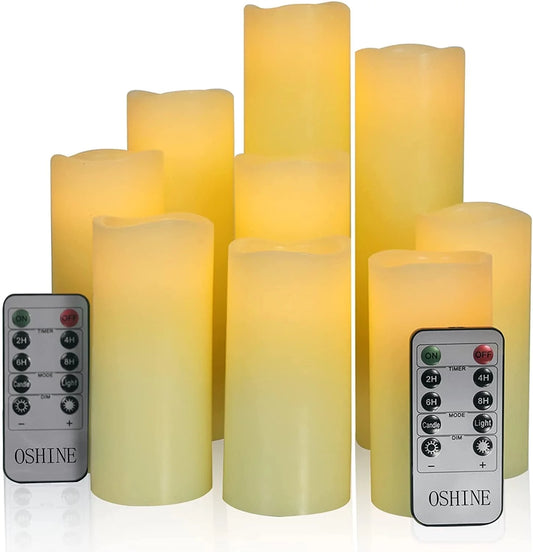 9-Pack Flameless Candles Real Wax LED Pillar Candles Battery Operated Candles Electric Ivory Candles Flicker Lights Votive Timing with Remote 300+ Hours Halloween