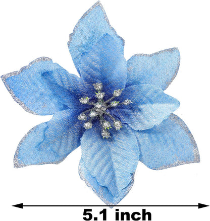 Christmas Poinsettia Flowers Decorations, Glitter Poinsettia Christmas Tree Ornaments, Artificial Flower Home Decorations for Christmas/Wedding/Holiday Party, Pack of 24, Blue