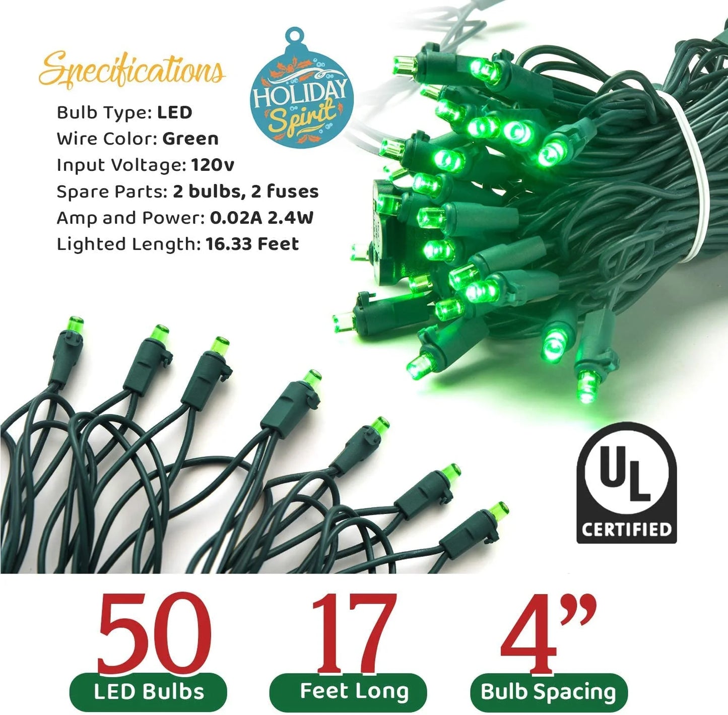 50 LED Mini Christmas String Lights 120V UL588 (50, Green)