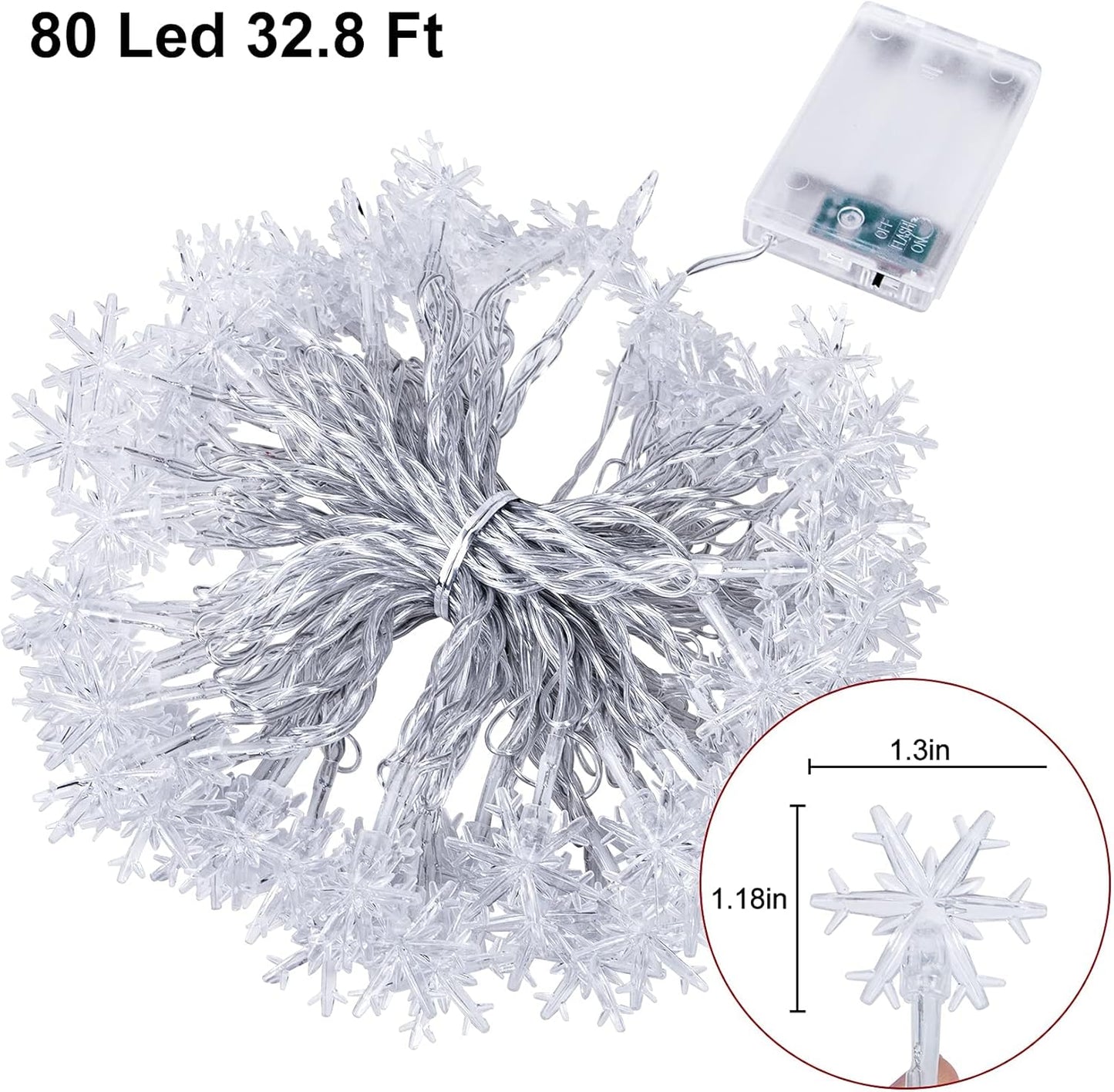 80 LED Christmas Lights, 32.8 Ft Snowflake String Lights Battery Operated Led Twinkle Lights, Winter Wonderland Room Decorations Lights for Xmas Home Bedroom Tree, Holiday Indoor/Outdoor Decor