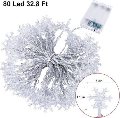 80 LED Christmas Lights, 32.8 Ft Snowflake String Lights Battery Operated Led Twinkle Lights, Winter Wonderland Room Decorations Lights for Xmas Home Bedroom Tree, Holiday Indoor/Outdoor Decor